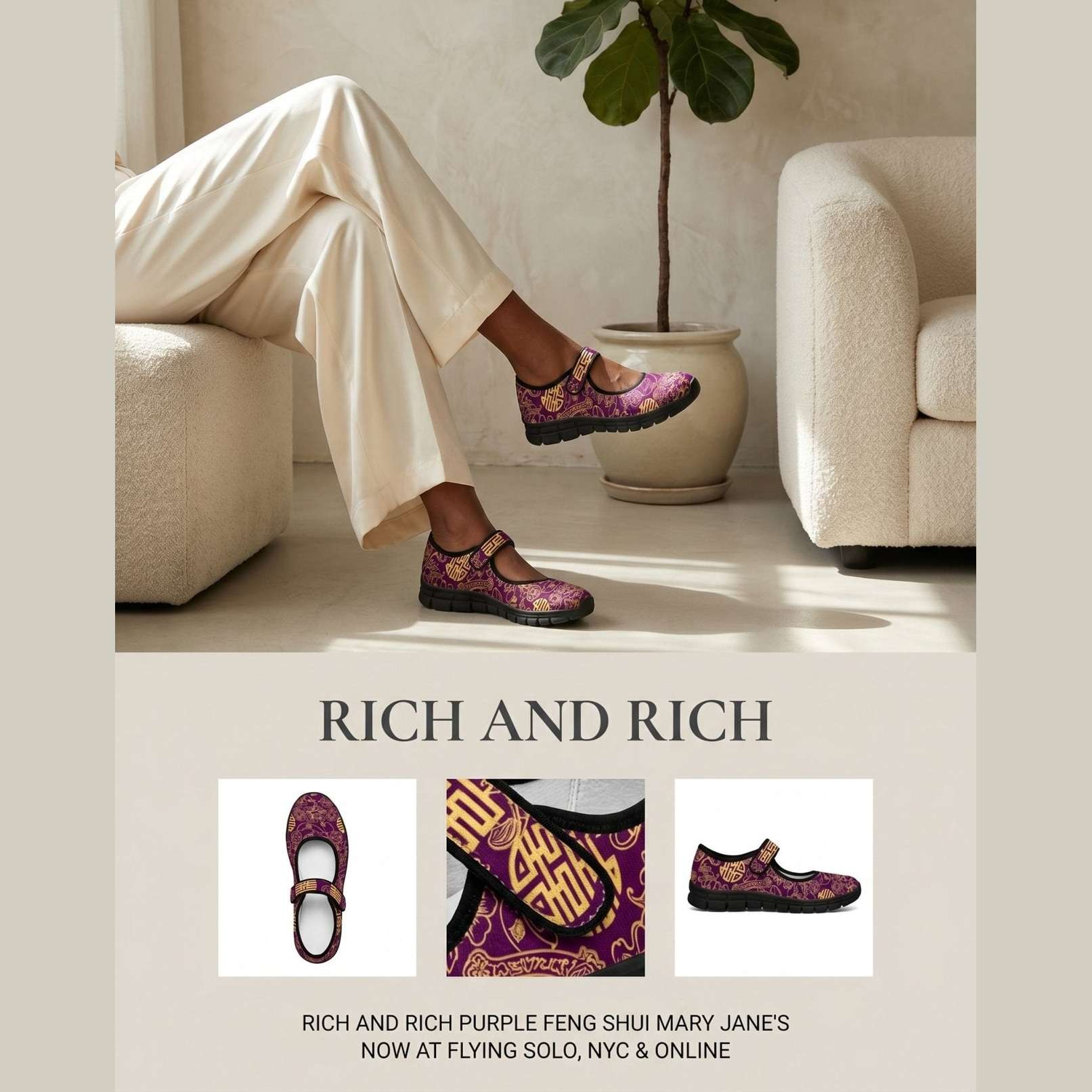 Purple Feng Shui patterned women's Mary Jane shoe with Velcro strap and mesh upper — additional view 12