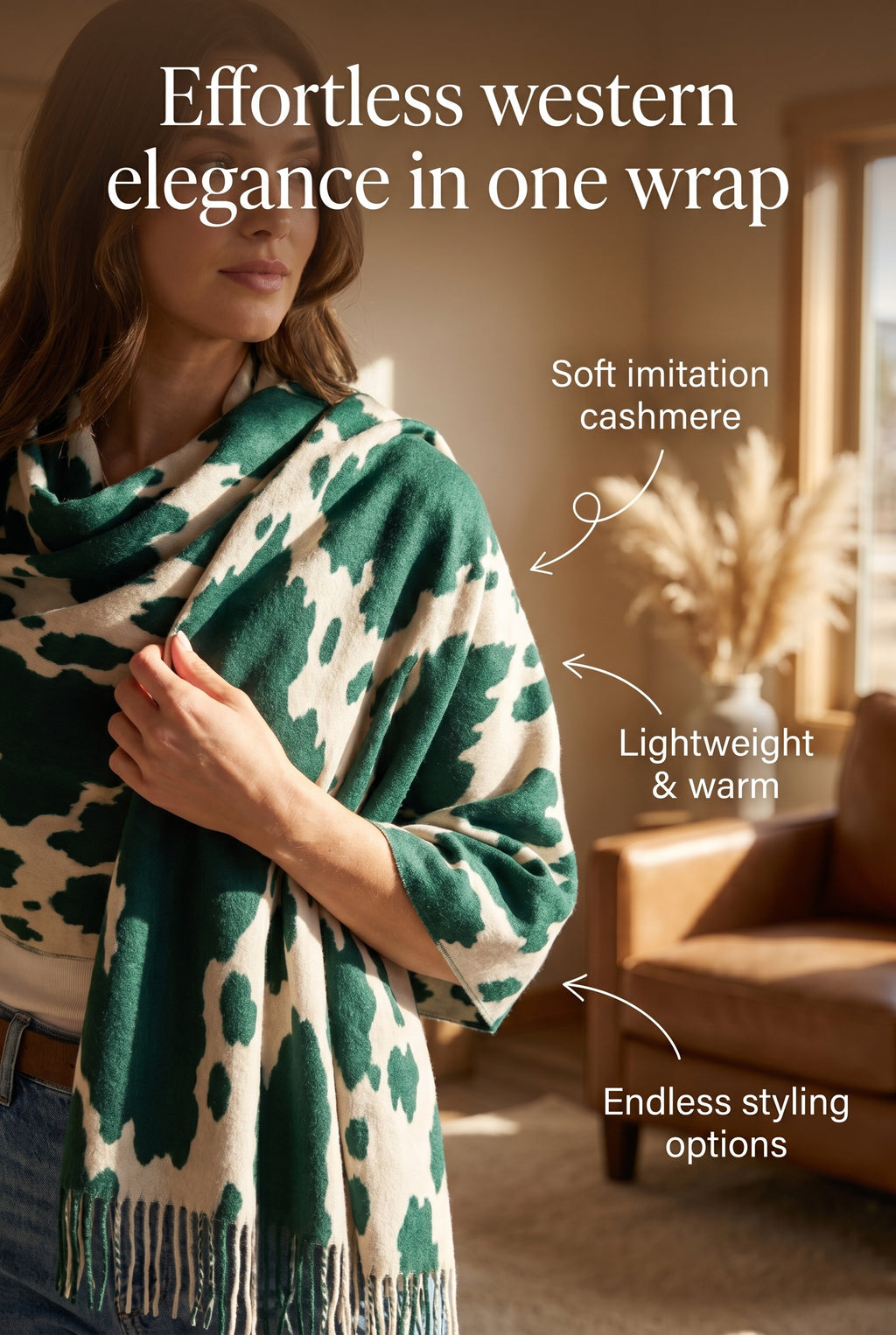 Rich and Rich Emerald Ranch Chic Women’s Tassel Scarf | Soft Designer Imitation Cashmere Wrap