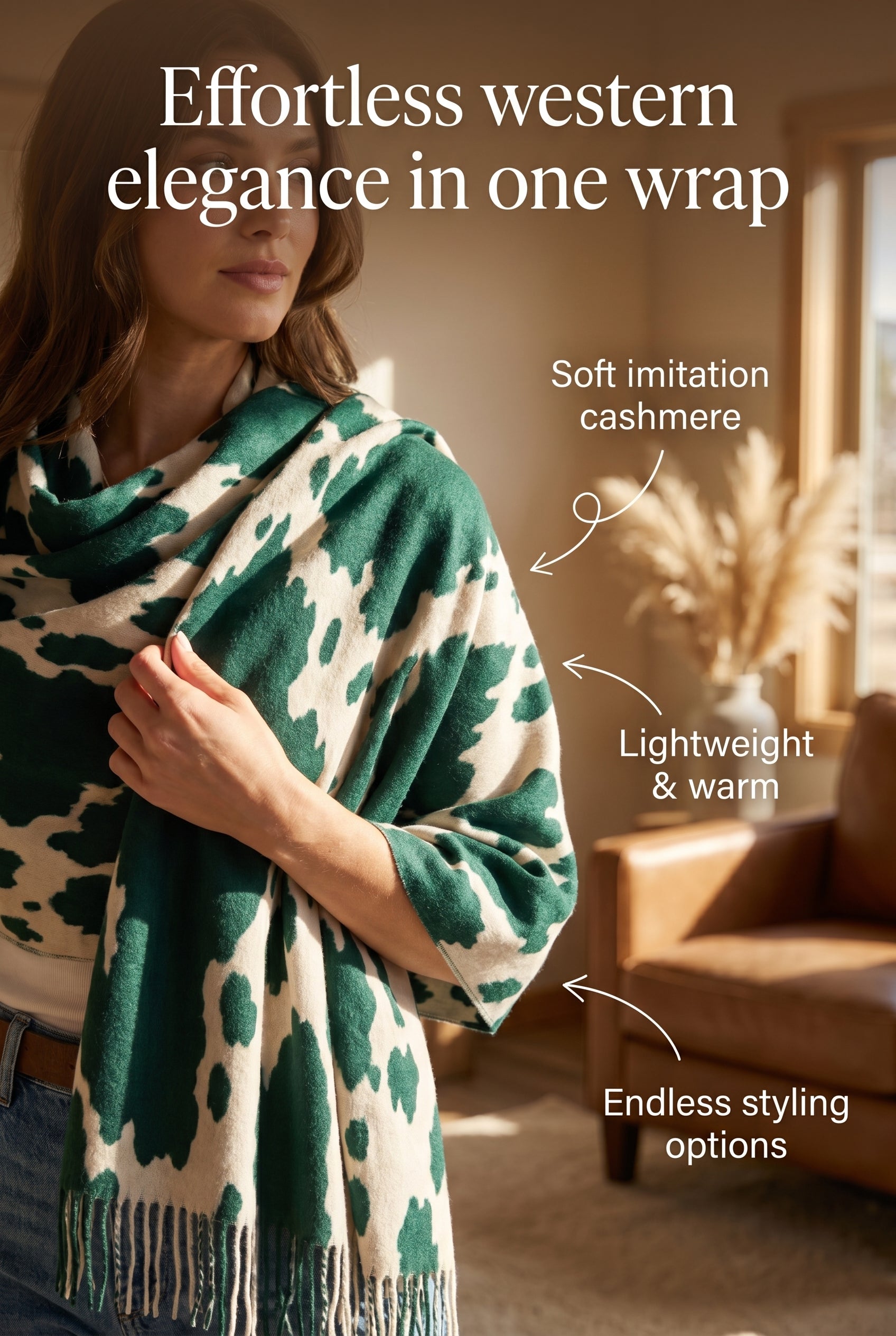 Rich and Rich Emerald Ranch Chic Women’s Tassel Scarf | Soft Designer Imitation Cashmere Wrap