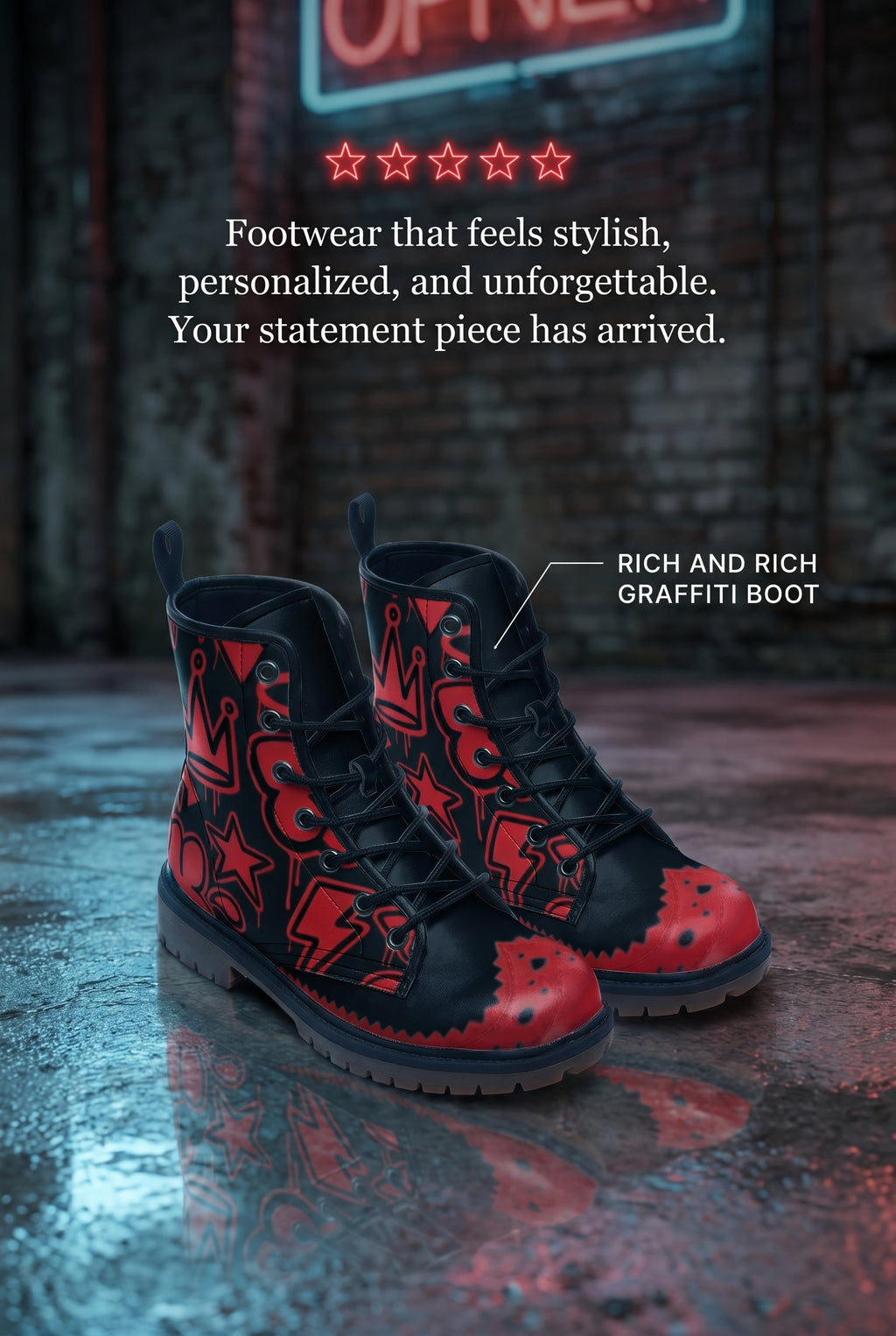 Rich and Rich Graffiti Black Redtip Men's Leather Boots
