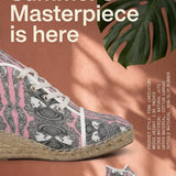 Pink caricature print wedge espadrilles with natural jute platform and rubber sole — side view