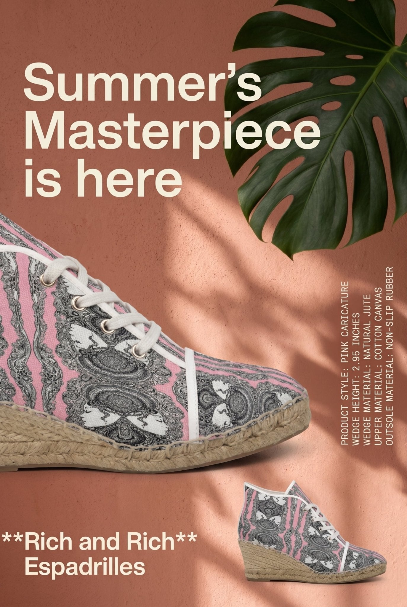 Pink caricature print wedge espadrilles with natural jute platform and rubber sole — side view
