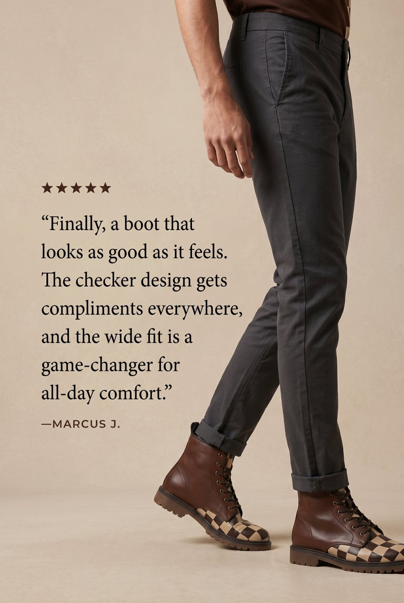 Chocolate brown men's faux leather boots with checker pattern and lace-up front — additional view 10