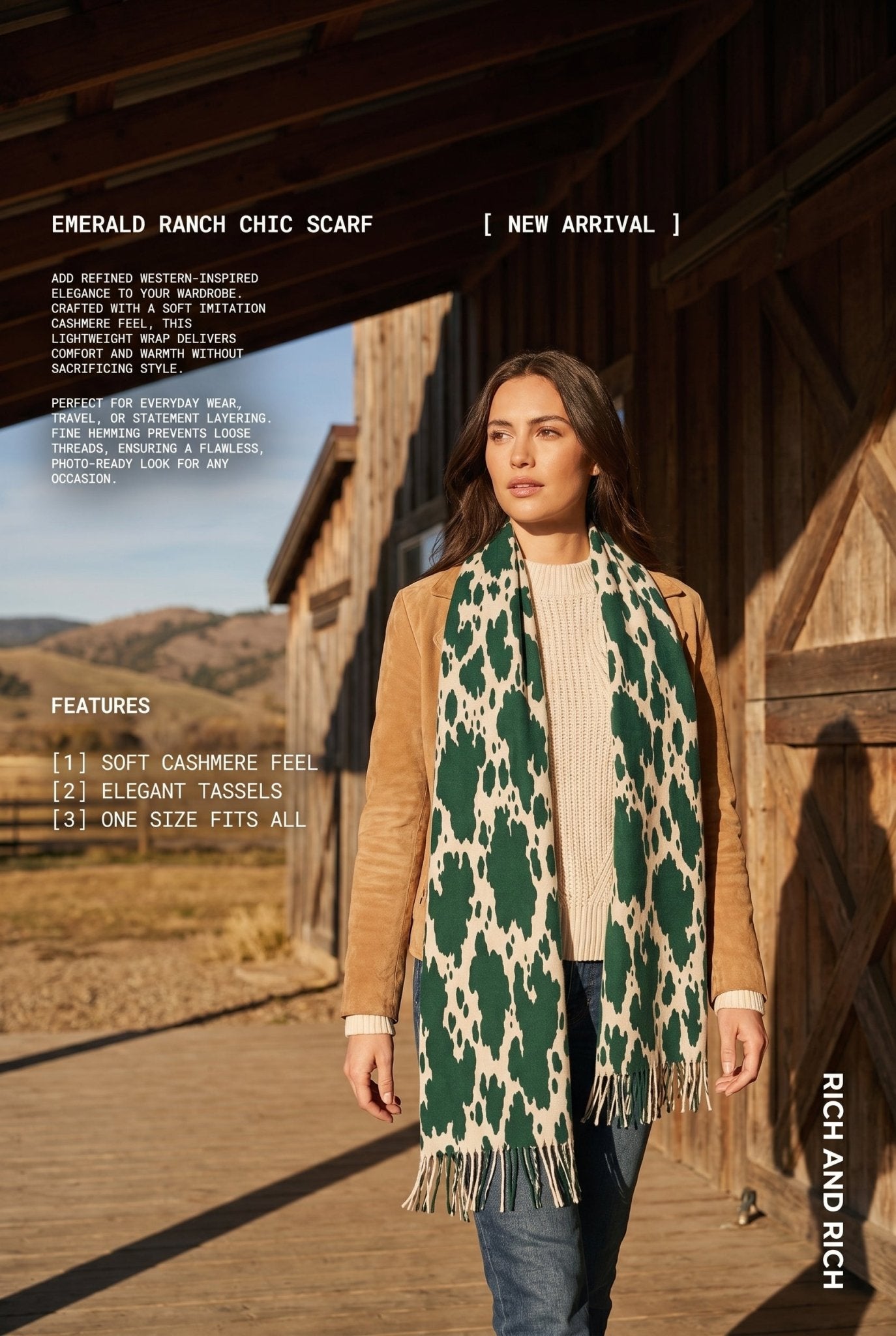 Emerald ranch-inspired tassel scarf in imitation cashmere with fine-hemmed edges — additional view 11