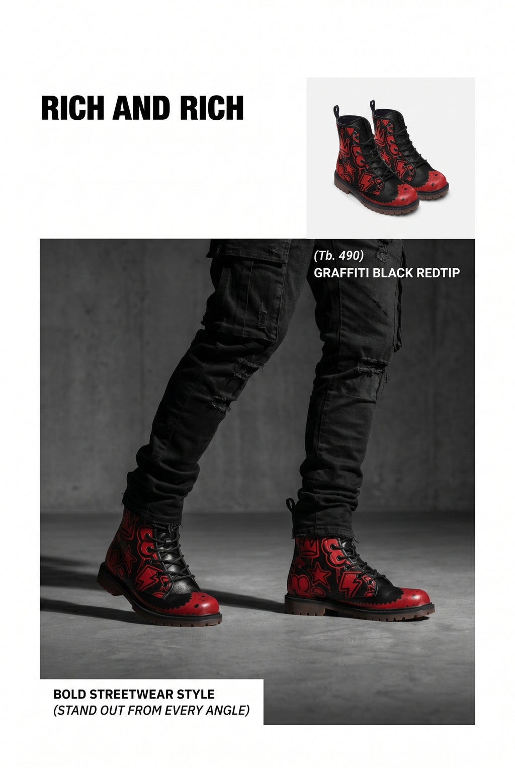 Rich and Rich Graffiti Black Redtip Men's Leather Boots