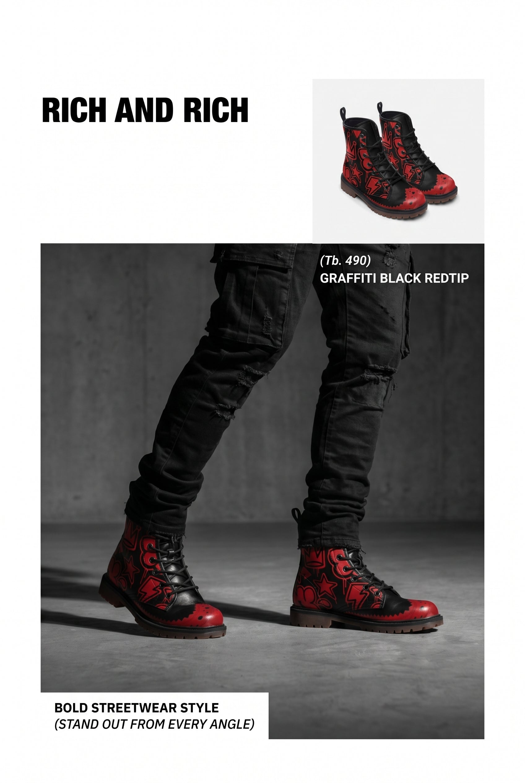 Rich and Rich Graffiti Black Redtip Men's Leather Boots