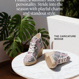 Pink caricature print wedge espadrilles with natural jute platform and rubber sole — rear view