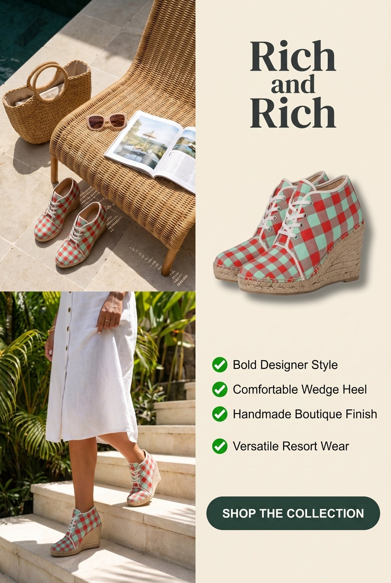 Red and mint green checkered wedge espadrilles with jute platform and non-slip rubber sole — additional view 13