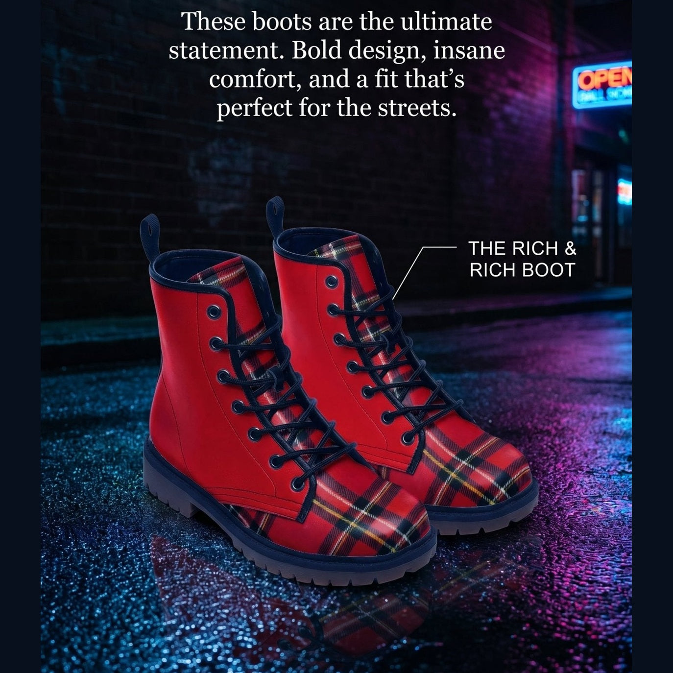 Red checkered men's faux leather boot with lace-up front and padded collar — additional view 15