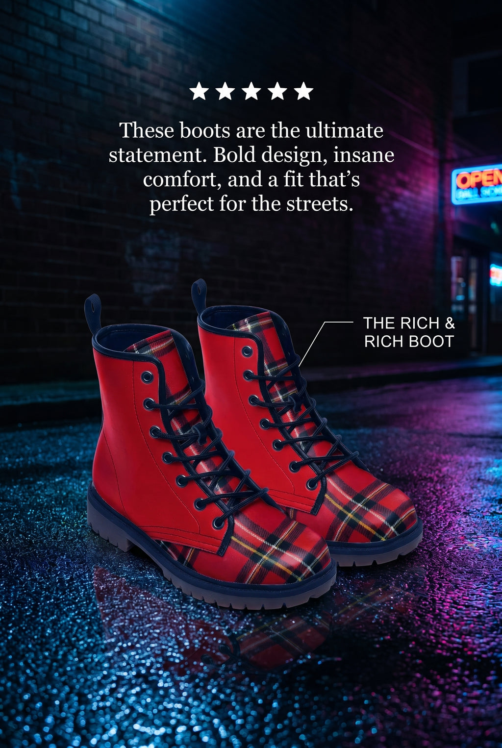 Rich and Rich Red Checkered Men's Leather Boot