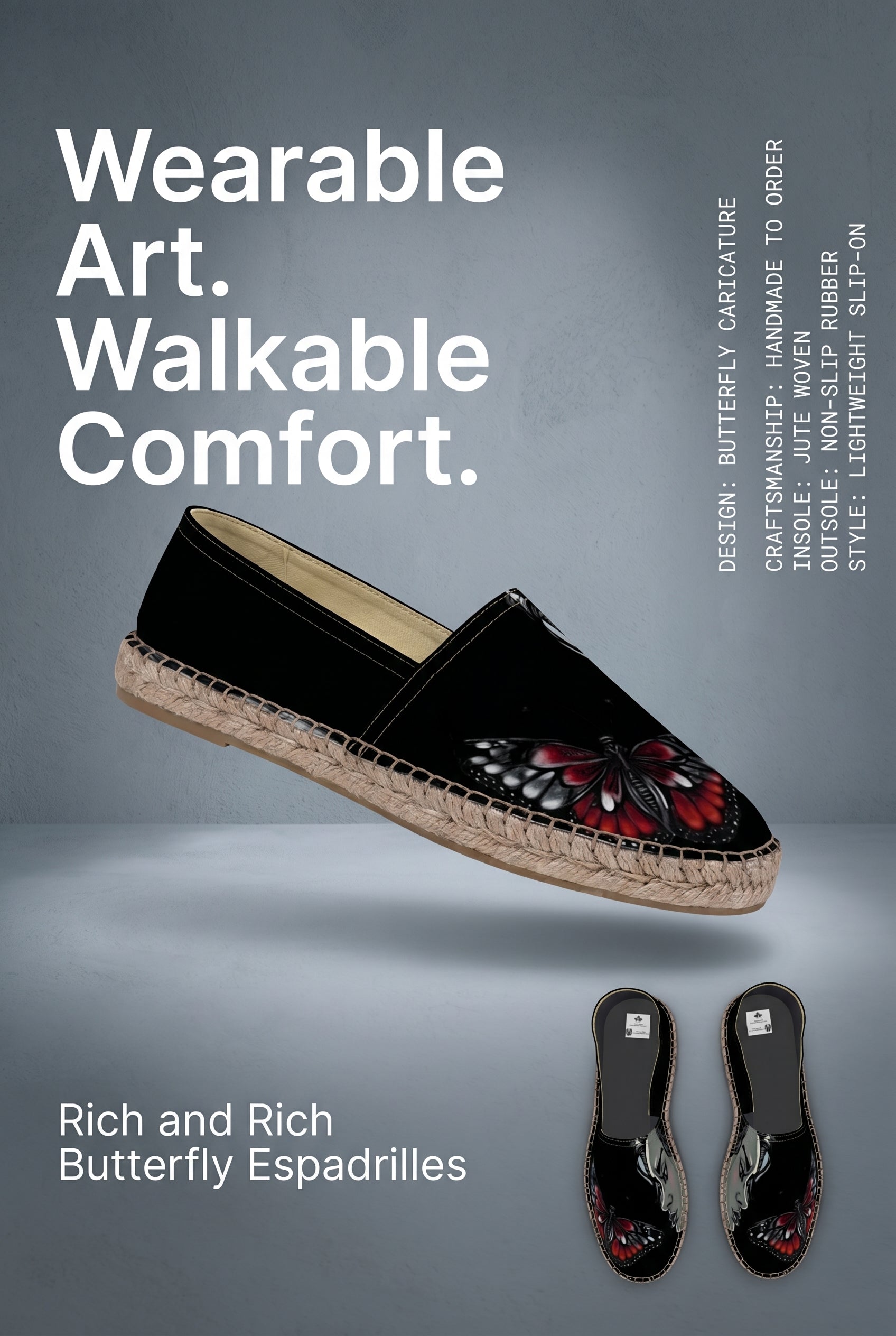 Rich and Rich Women’s Black Butterfly Caricature Black Espadrilles | Handmade Floral Graphic Slip-On Shoes