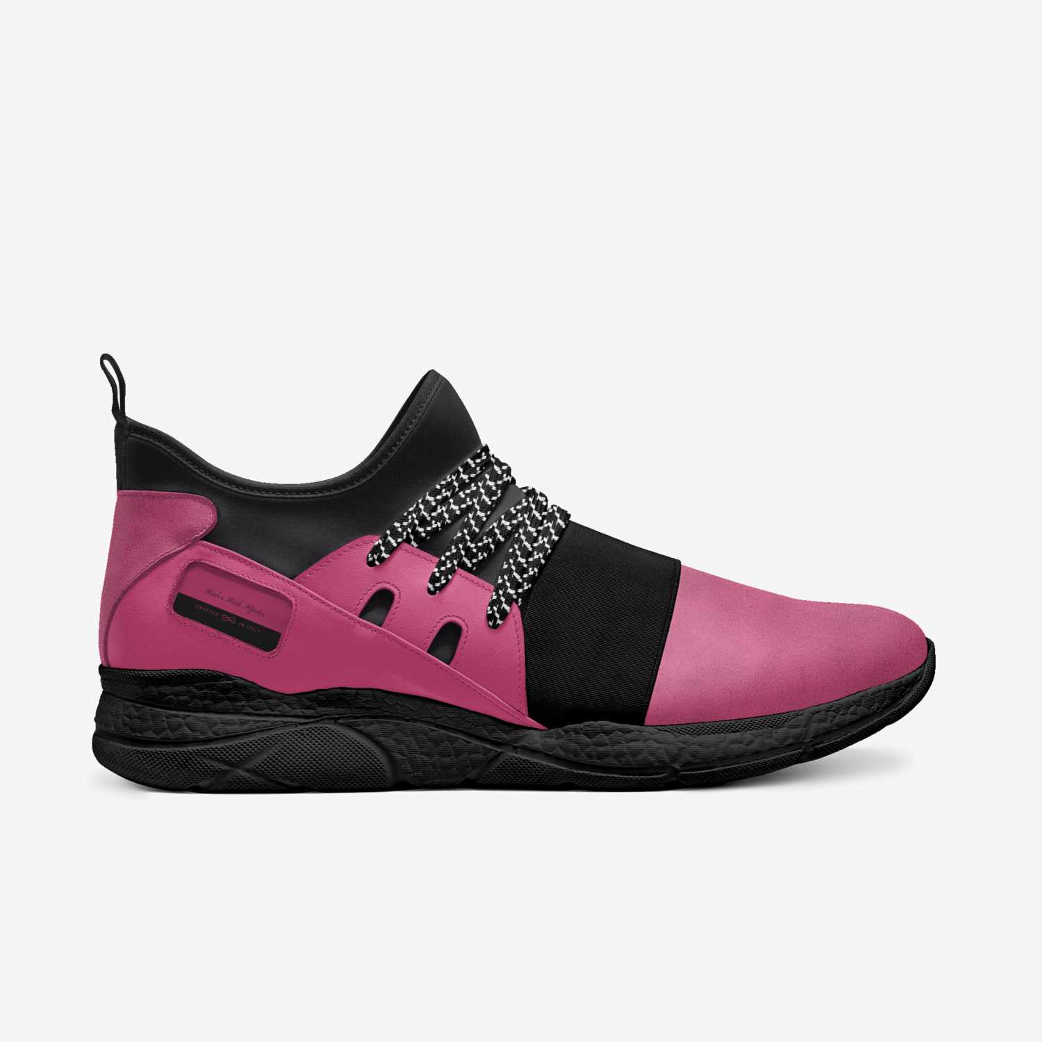 Pink leather slip-on sneakers with carved rubber sole and elasticized front panels — rear view