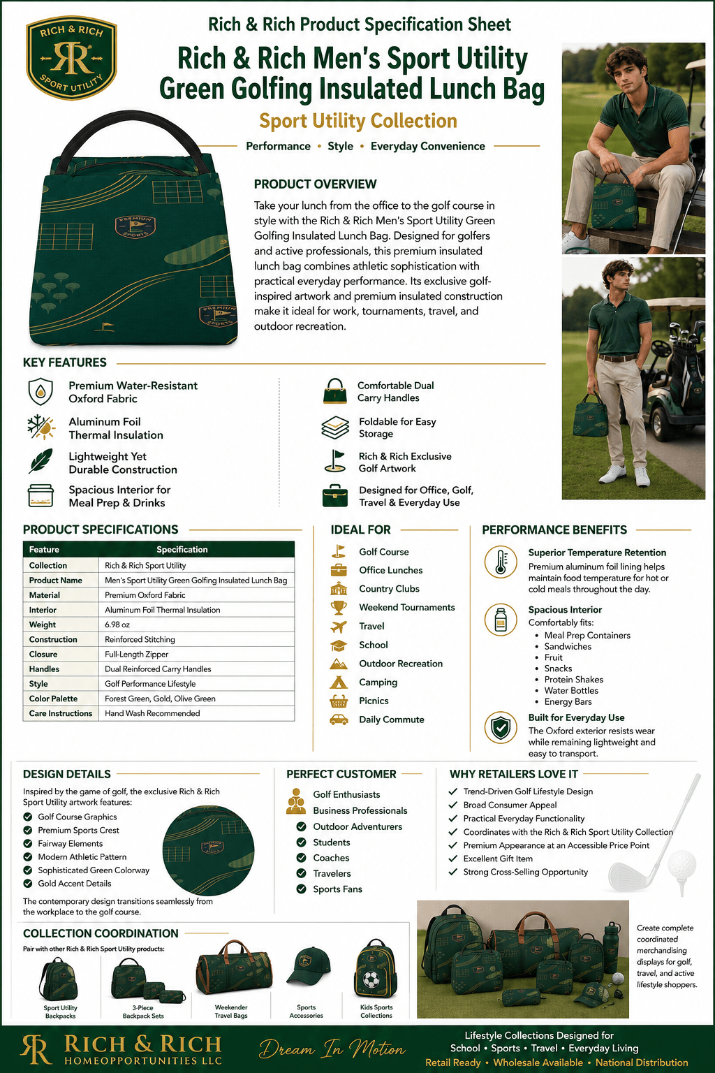 Green insulated golfing lunch bag with golf-inspired artwork and aluminum foil lining — product detail