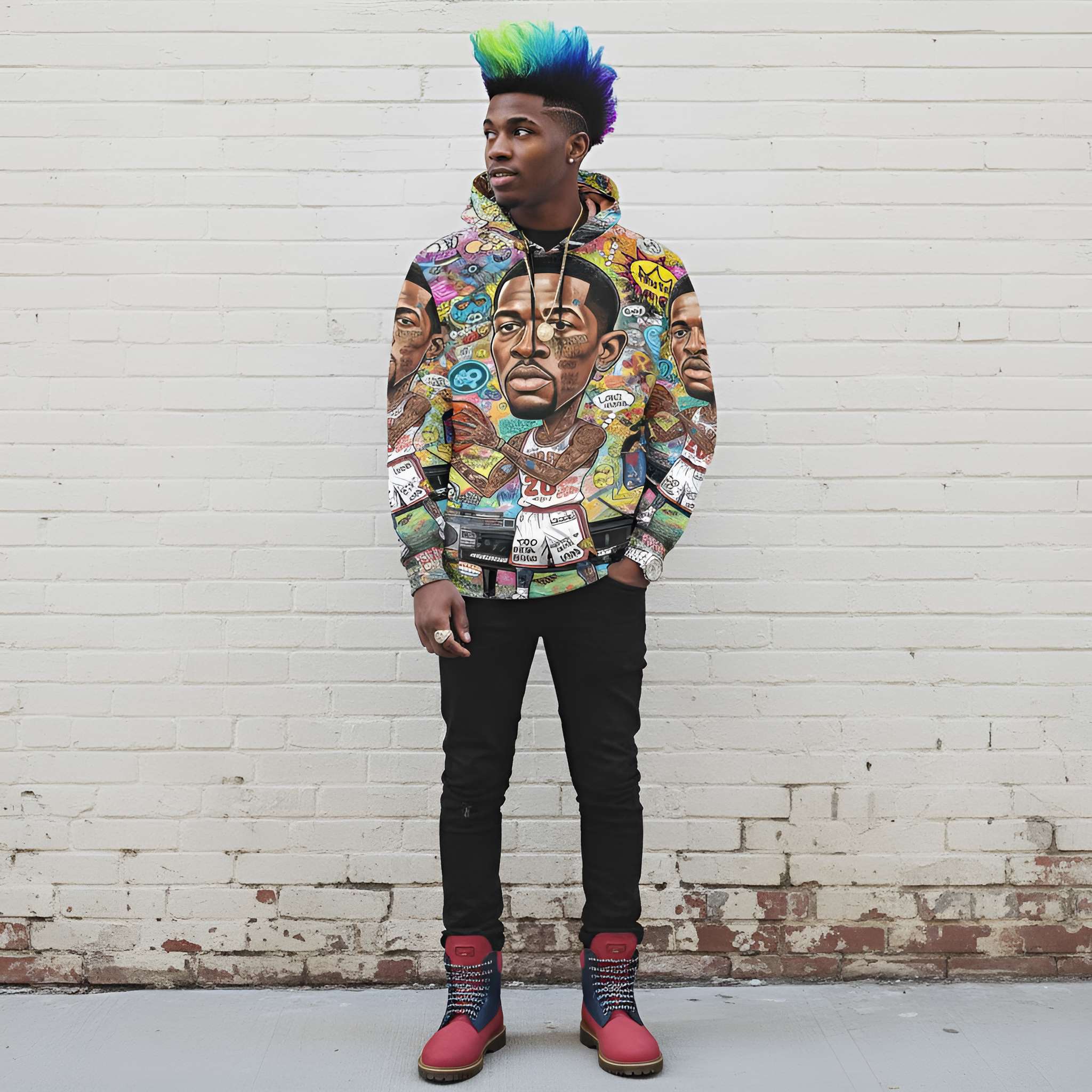 Multicolor basketball caricature hoodie with cuffed sleeves and kangaroo pocket