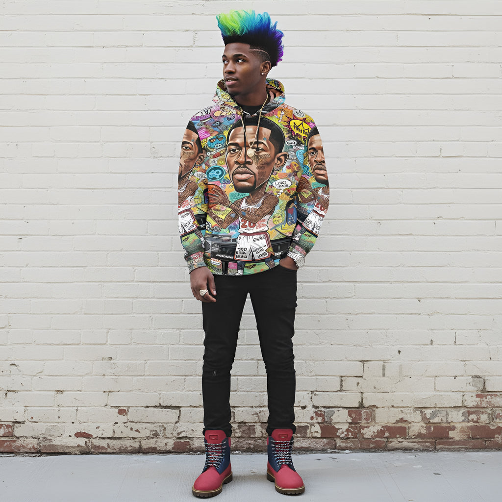 Rich and Rich Multicolor Basketball Man Caricature Men's Hoodie front view