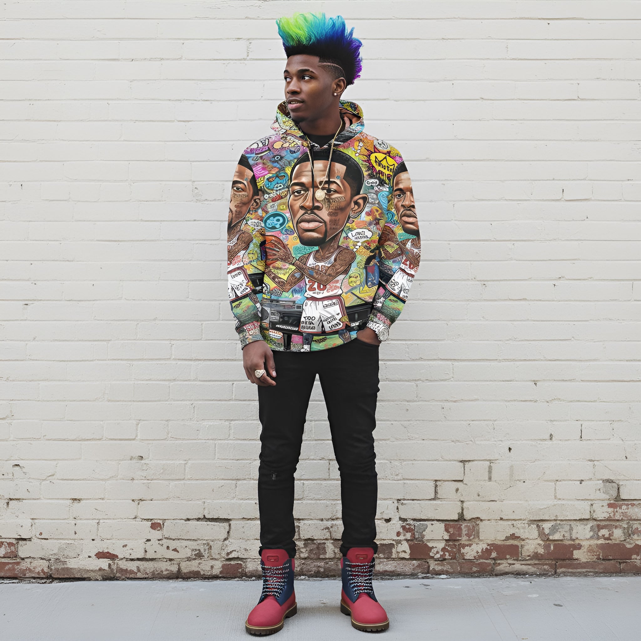 Rich and Rich Multicolor Basketball Man Caricature Men's Hoodie front view