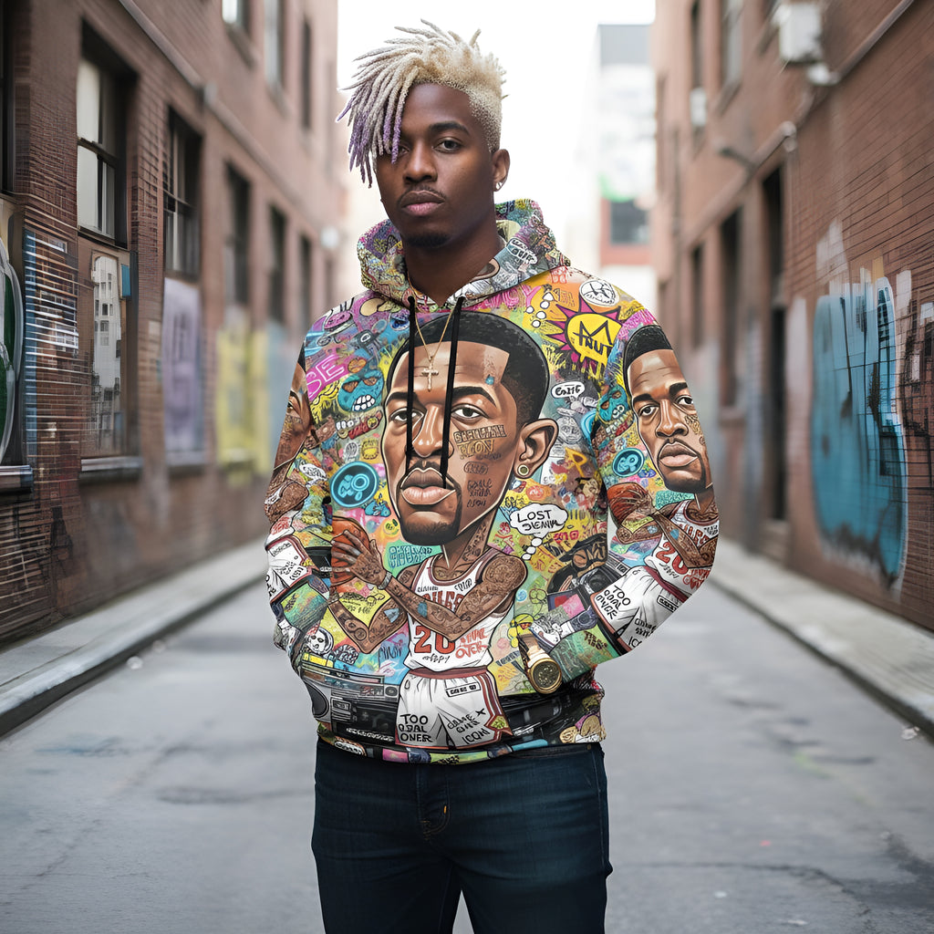 Rich and Rich Multicolor Basketball Man Caricature Men's Hoodie front view