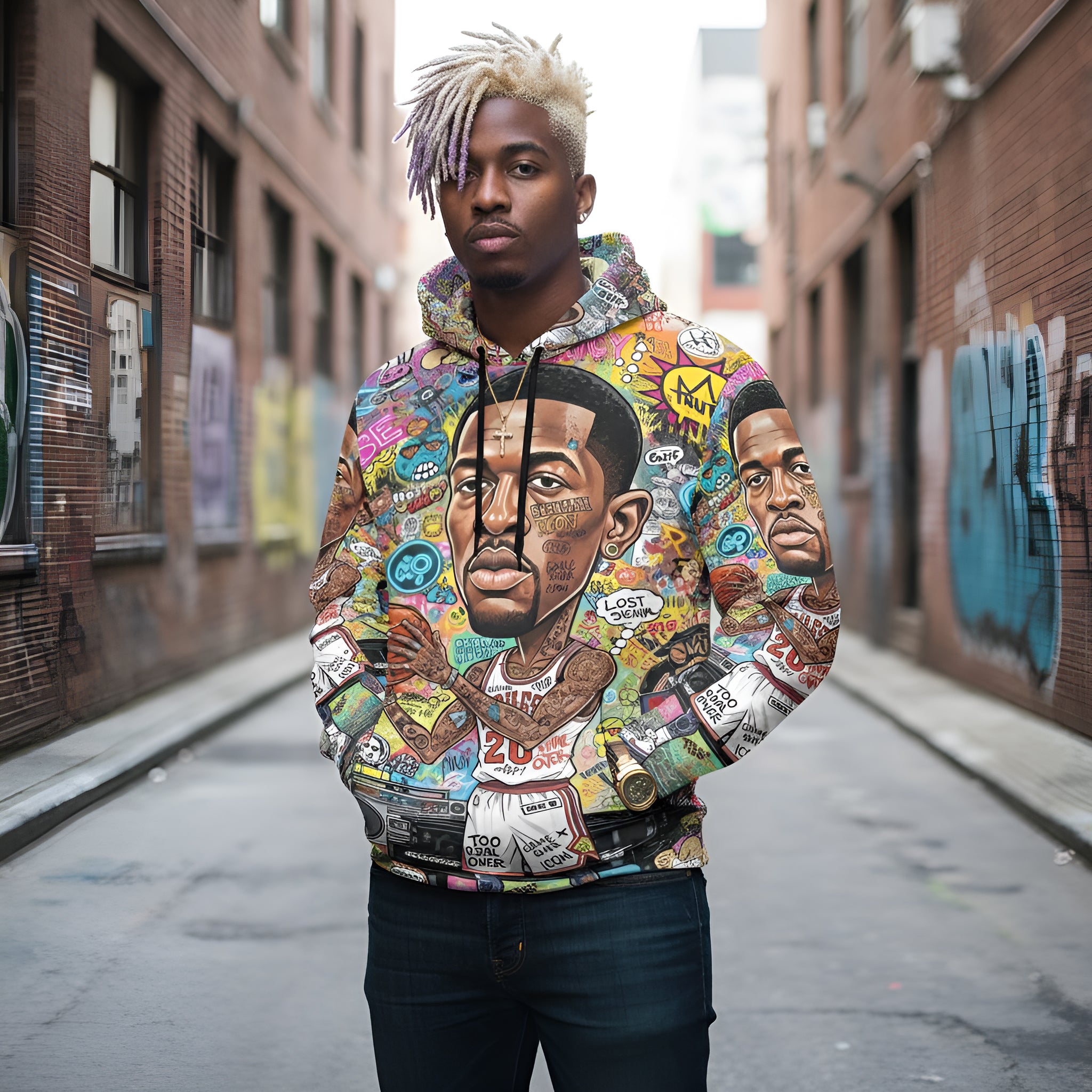 Rich and Rich Multicolor Basketball Man Caricature Men's Hoodie front view