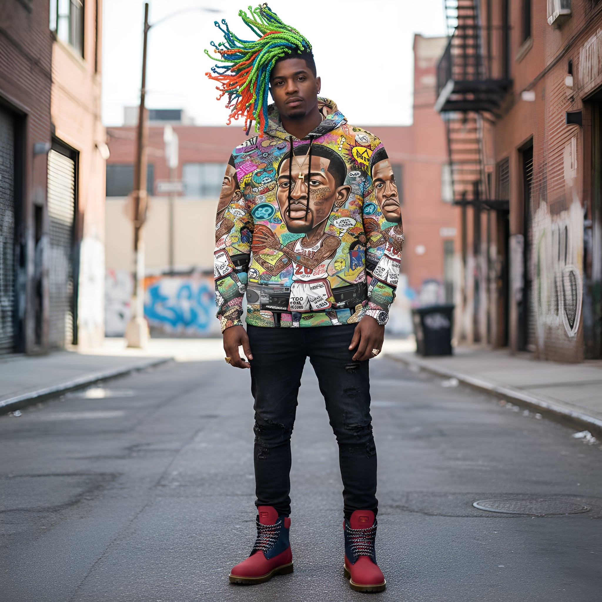 Rich and Rich Multicolor Basketball Man Caricature Men's Hoodie front view