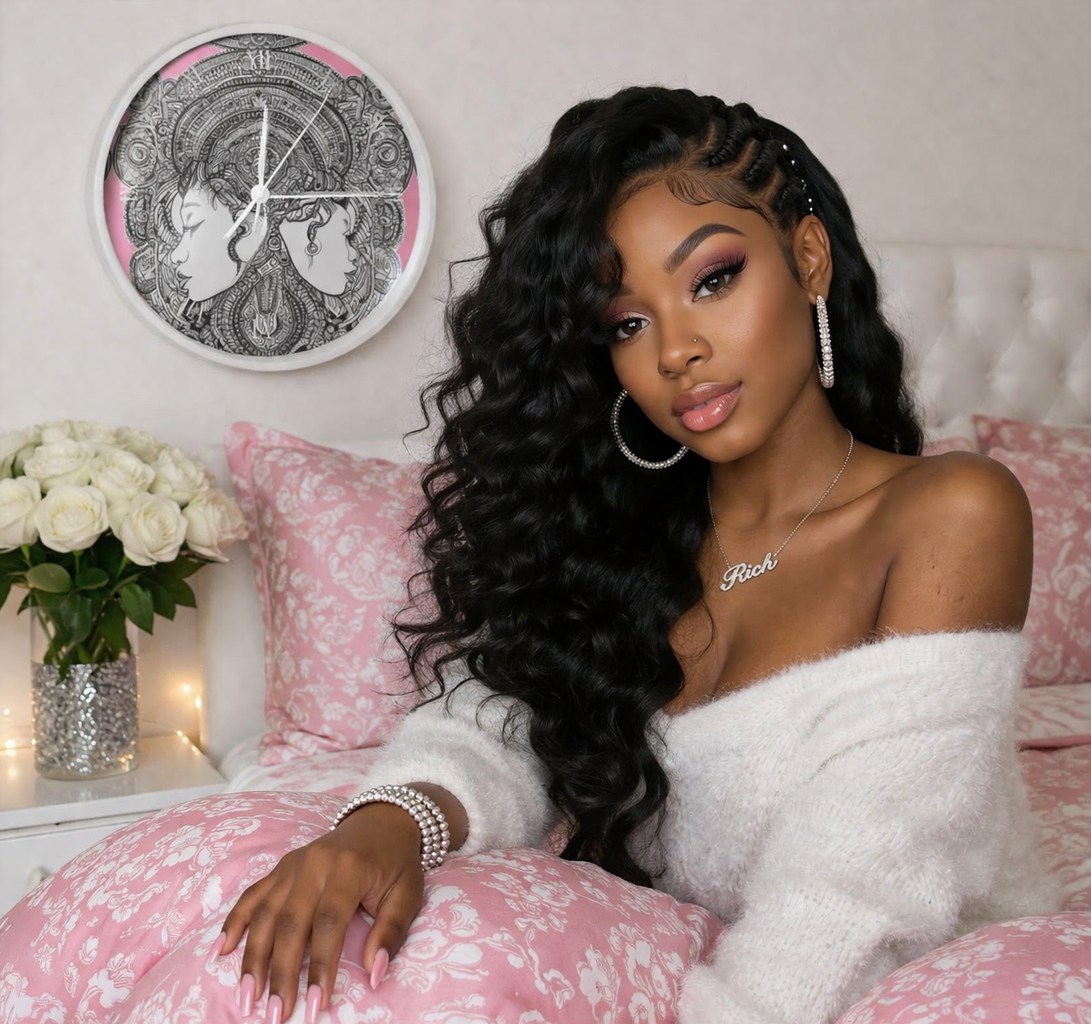Woman with styled hair sitting on a bed with pink bedding and decorative elements. Rich and Rich Pink Destiny Designer Wall Clock — Abstract Home Art