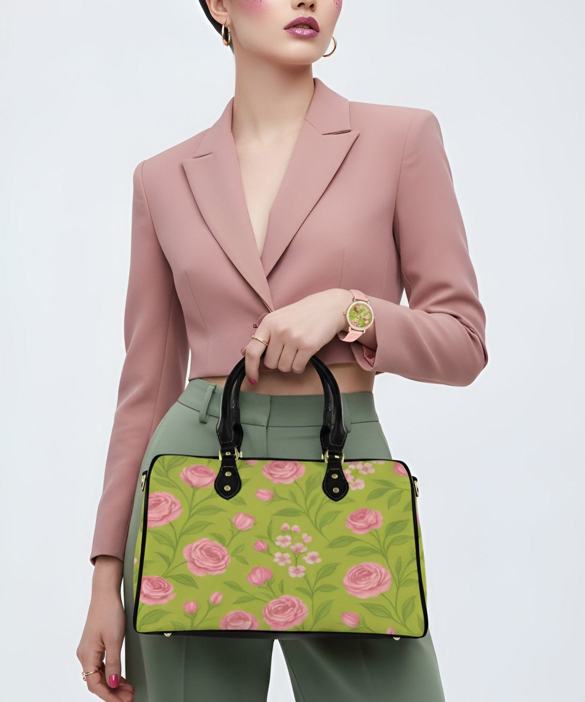Large pink floral Boston-style handbag with top handle and adjustable shoulder strap — alternate view