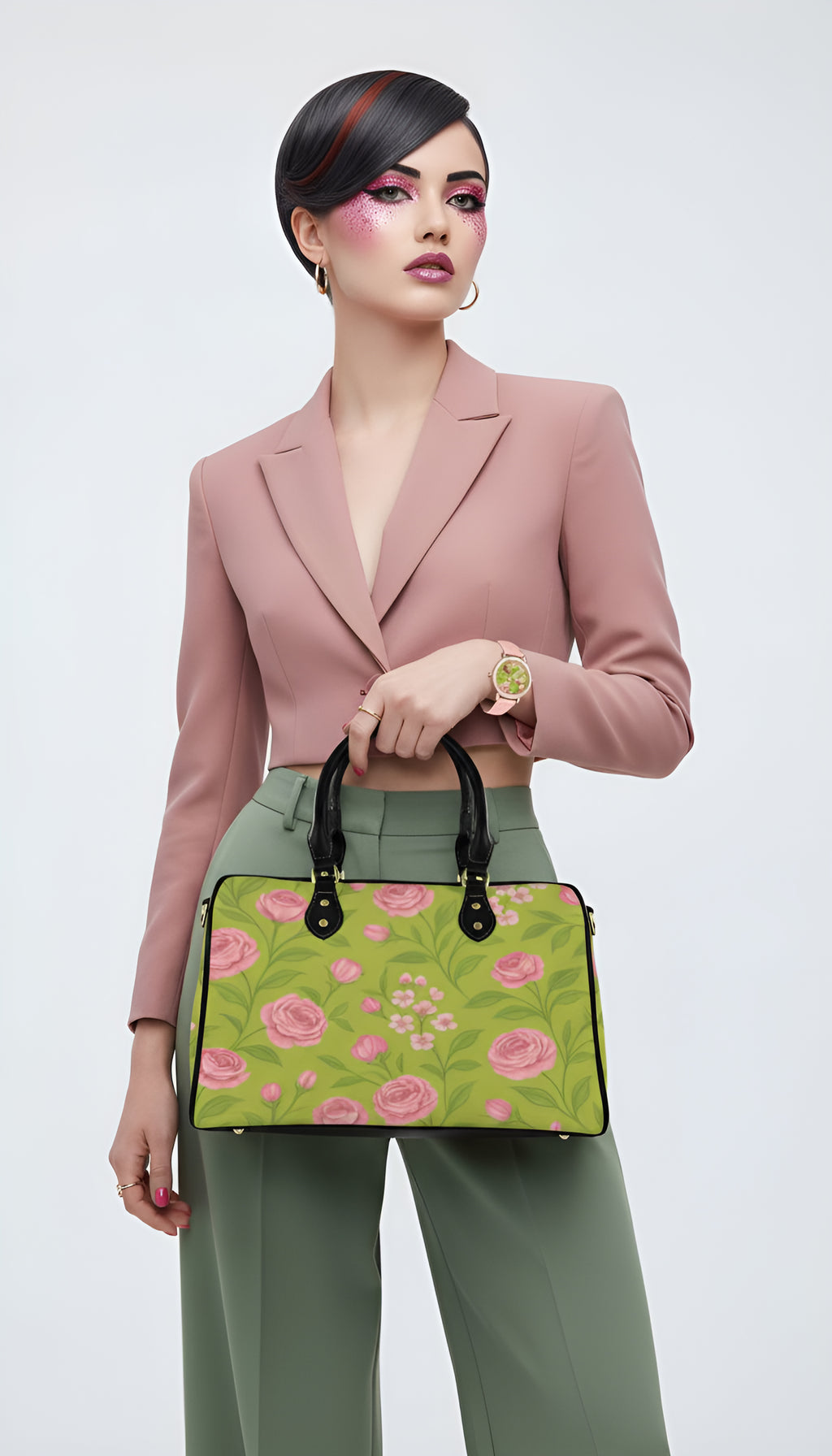 Rich and Rich Pink Floral Boston Leather Large Women's Handbag with floral design
