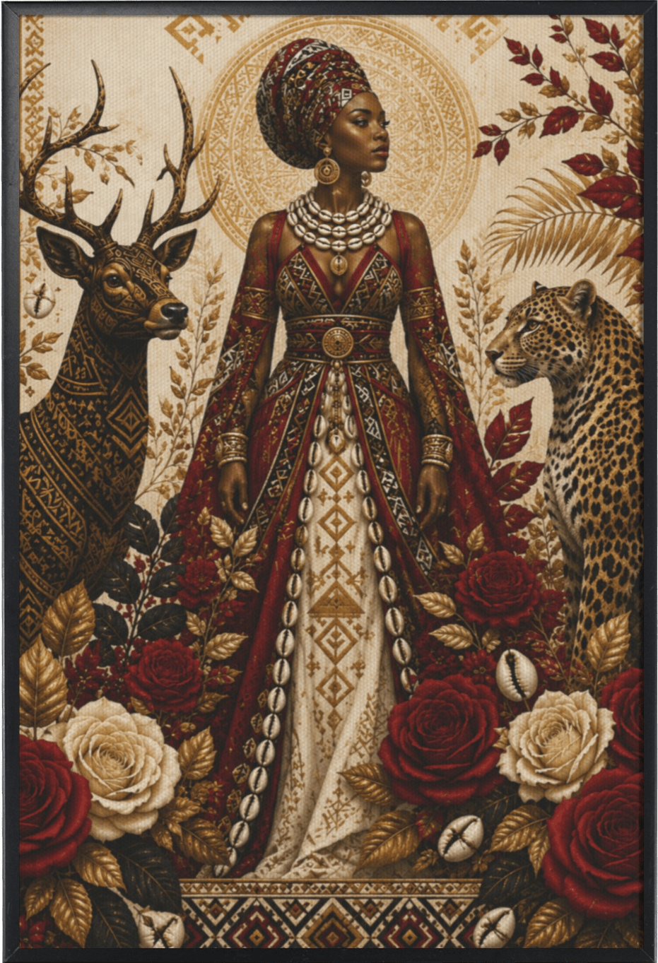 Black-framed canvas print of a Regal Queen portrait, 24 by 36 inches — product detail