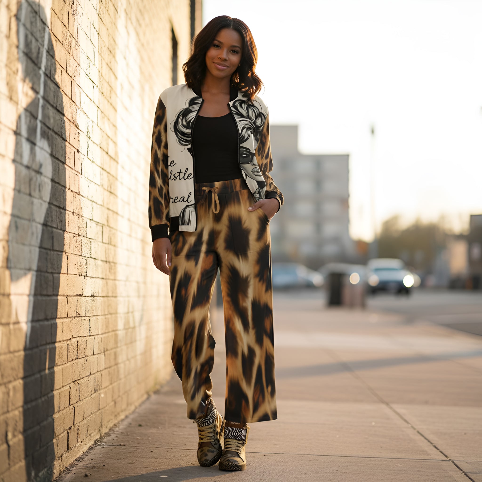 Rich and Rich The Hustle Is Real Brown Caricature Women's Bomber Jacket