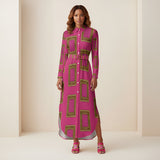 Pink long-sleeve button-up shirtdress with a split hem and relaxed long-shirt silhouette — alternate view