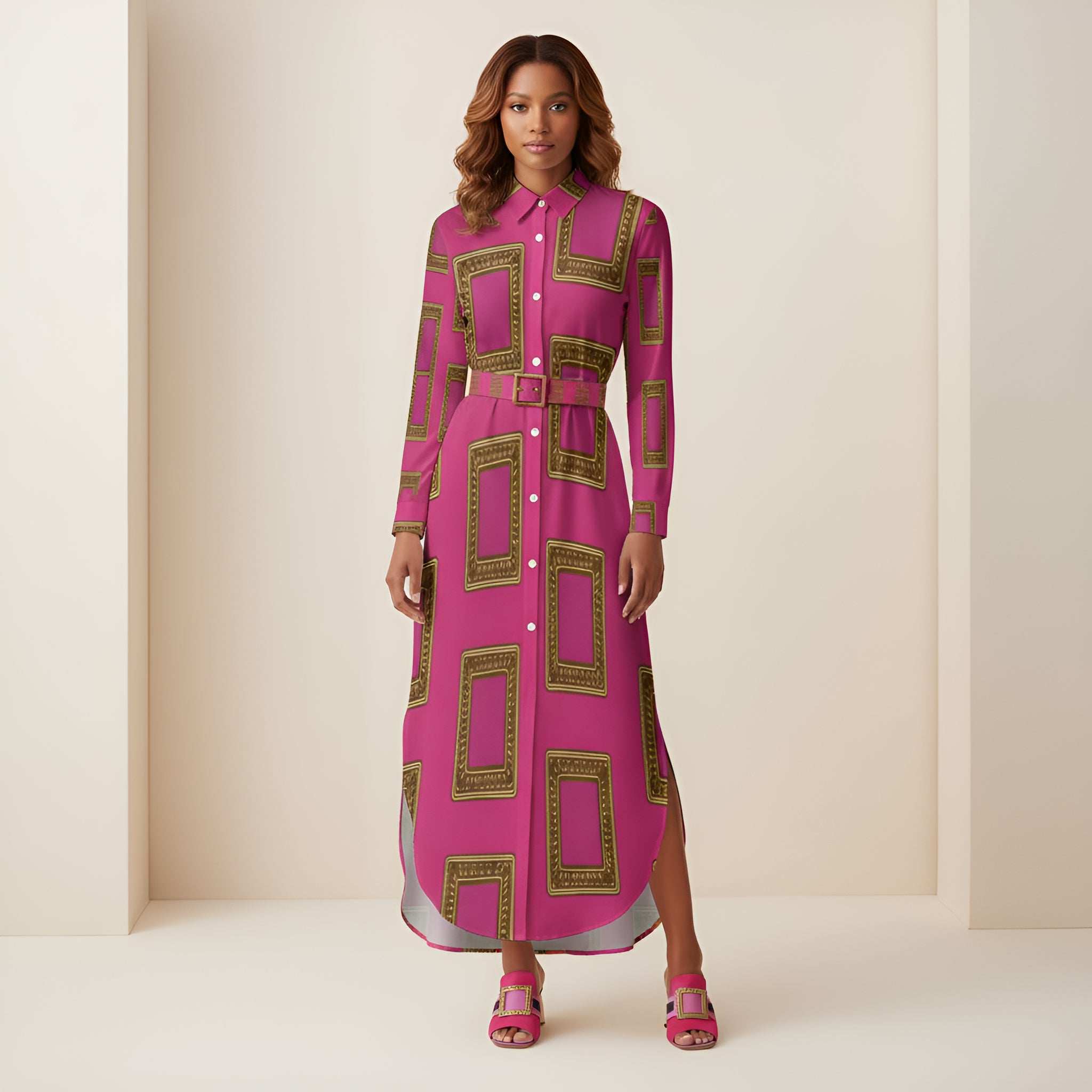 Pink long-sleeve button-up shirtdress with a split hem and relaxed long-shirt silhouette — alternate view