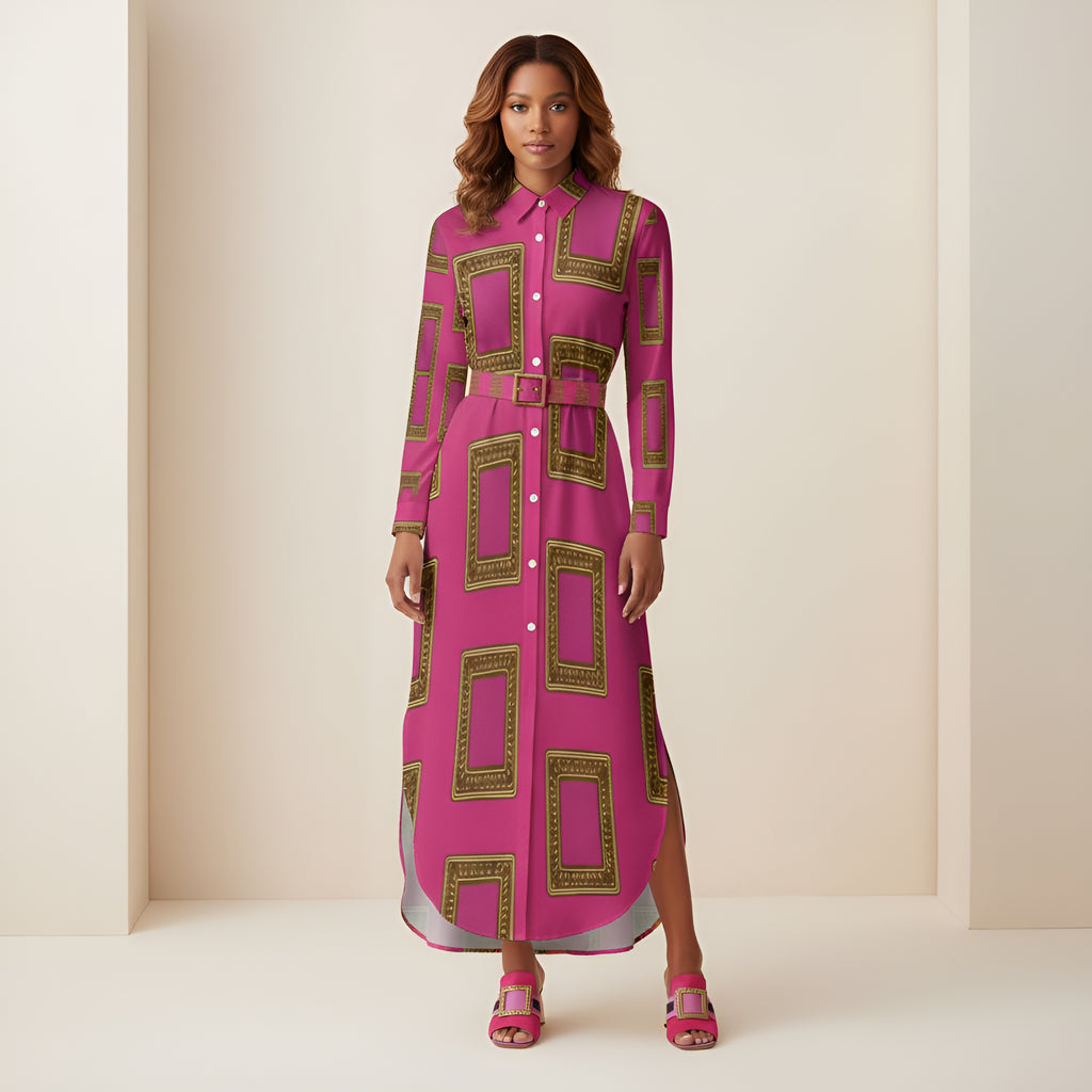 Rich and Rich Unique Swag Women's Pink Shirtdress with long sleeves and button-up collar