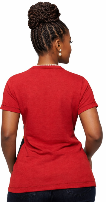 Person wearing a red shirt from behind on a white background
