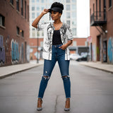 Black and white women's baseball jersey with full-button front and rounded hem in mesh fabric