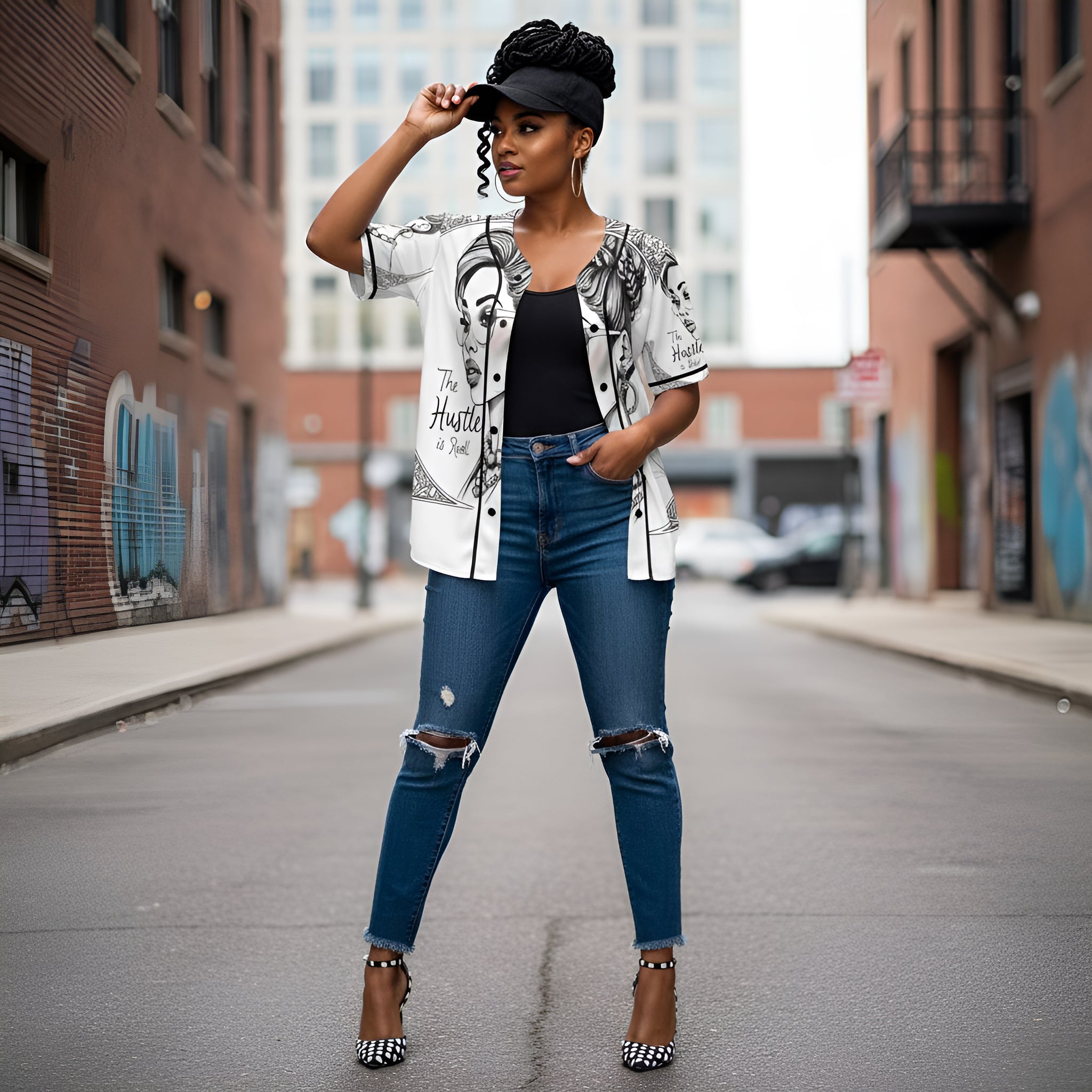 Black and white women's baseball jersey with full-button front and rounded hem in mesh fabric