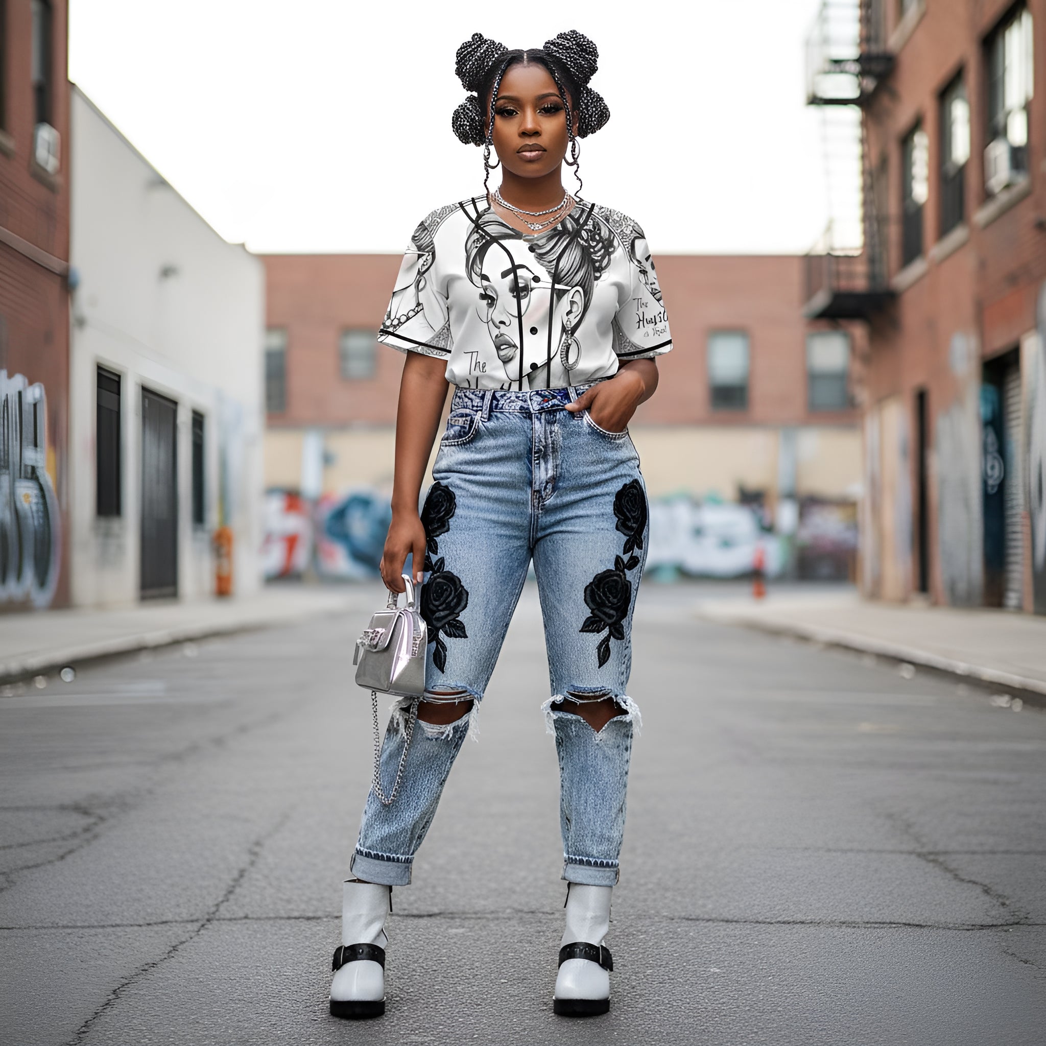 Black and white women's baseball jersey with full-button front and rounded hem in mesh fabric — side view