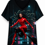 Women's V-neck tee with all-over cyberpunk Medusa riding a futuristic broomstick print — additional view 6