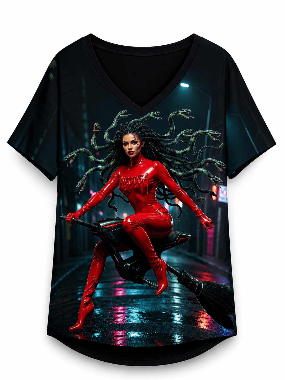 A Rich and Rich Cyberpunk Medusa On Futuristic Broomstick Women's V-Neck T-Shirt - Rich and Rich Homeopportunities