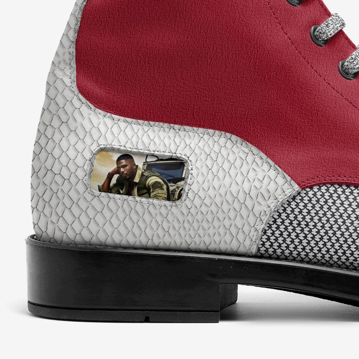 Men's red leather biker ankle boot with embossed panels and black rubber sole — additional view 8