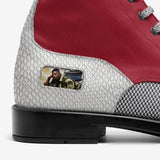 Men's red leather biker ankle boot with embossed panels and black rubber sole — additional view 8