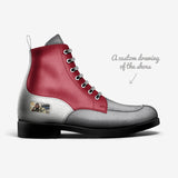 Men's red leather biker ankle boot with embossed panels and black rubber sole — rear view