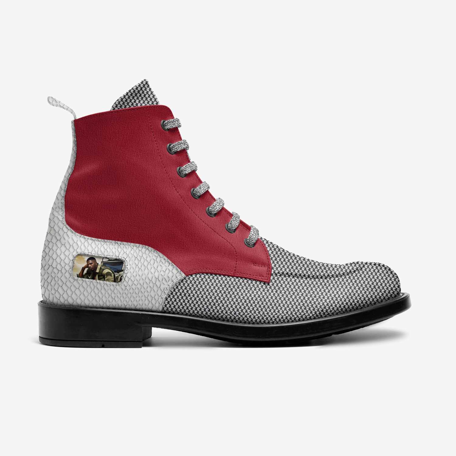Men's red leather biker ankle boot with embossed panels and black rubber sole — additional view 11