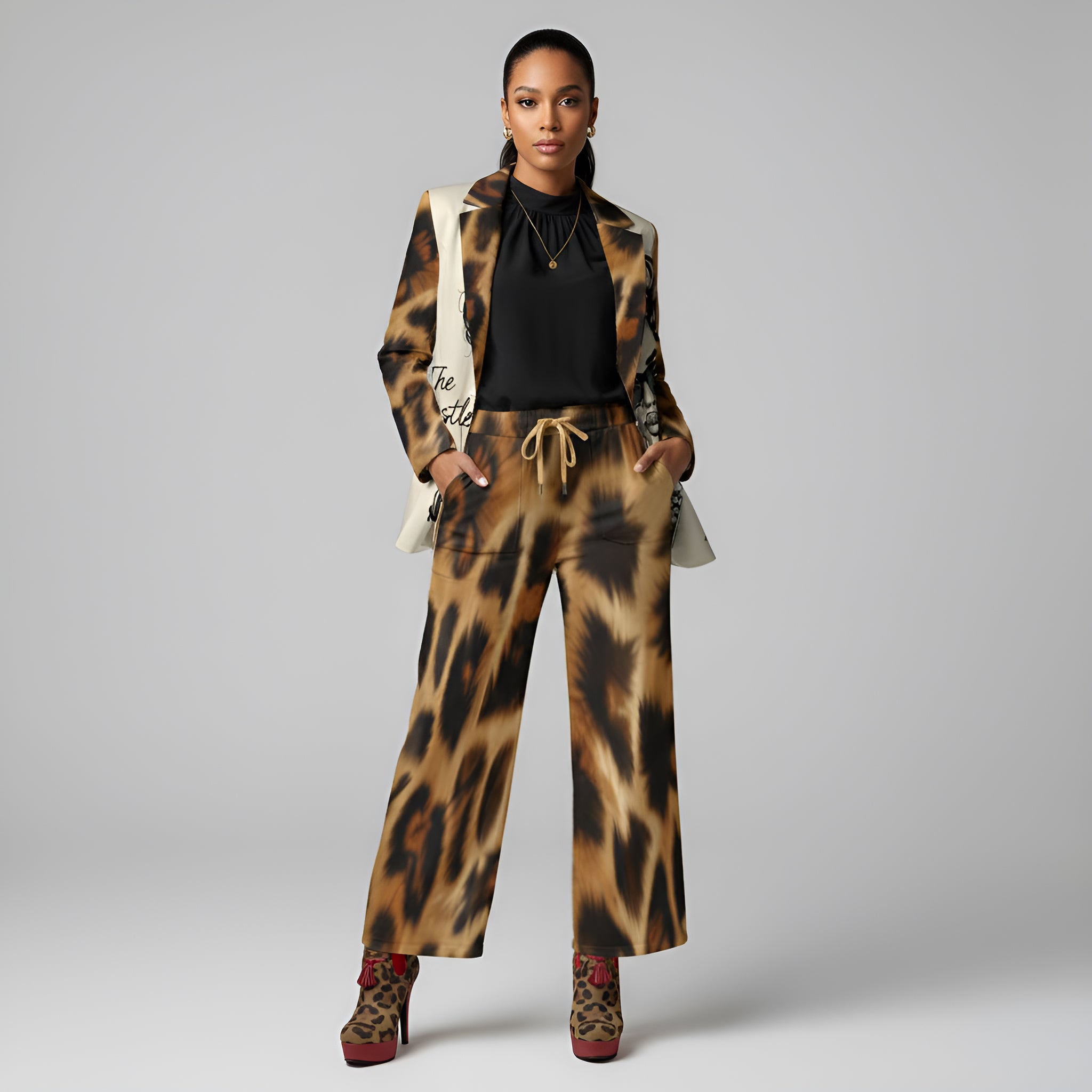 Rich and Rich Animal Print Brown Women’s Wide-Leg Pants