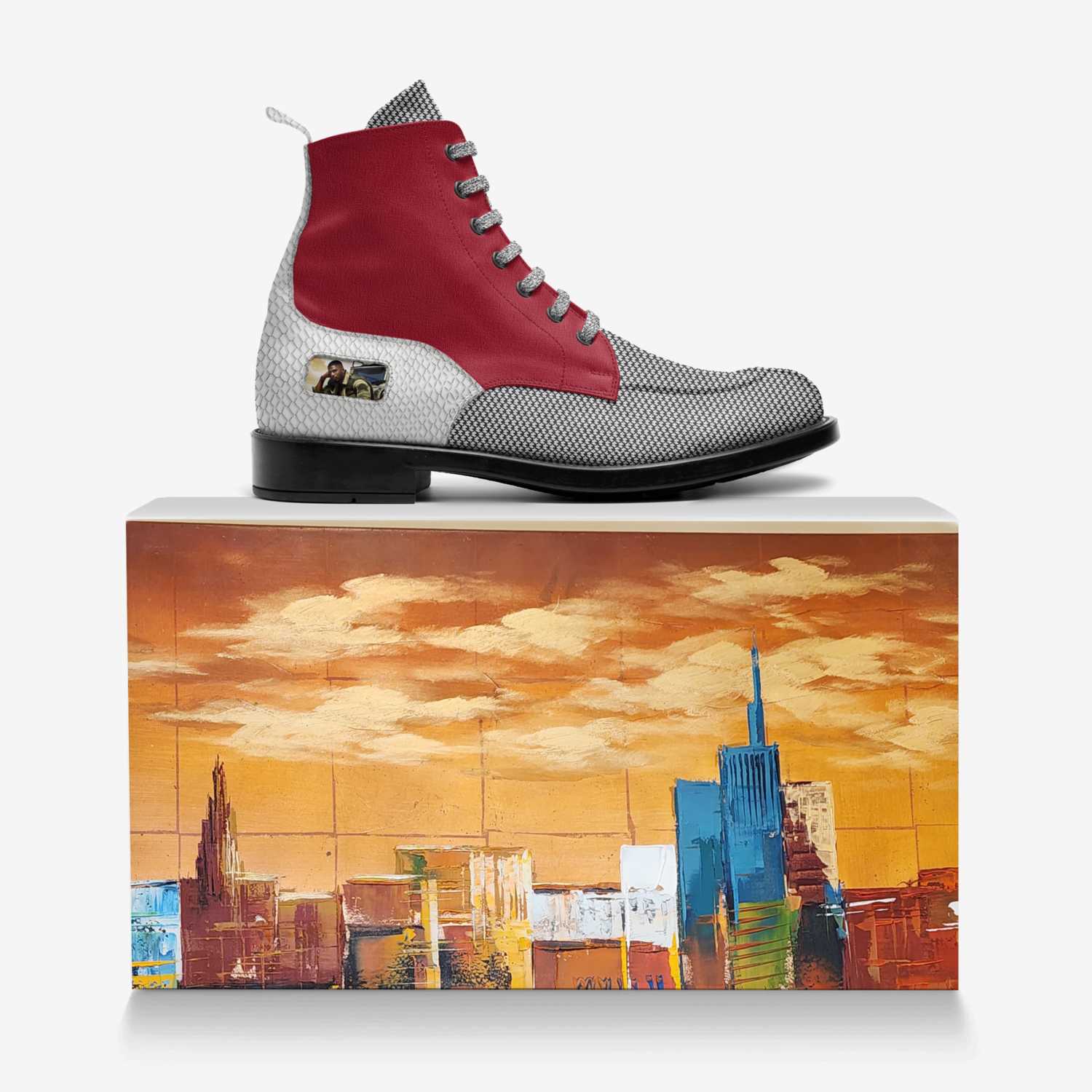 Men's red leather biker ankle boot with embossed panels and black rubber sole — additional view 12