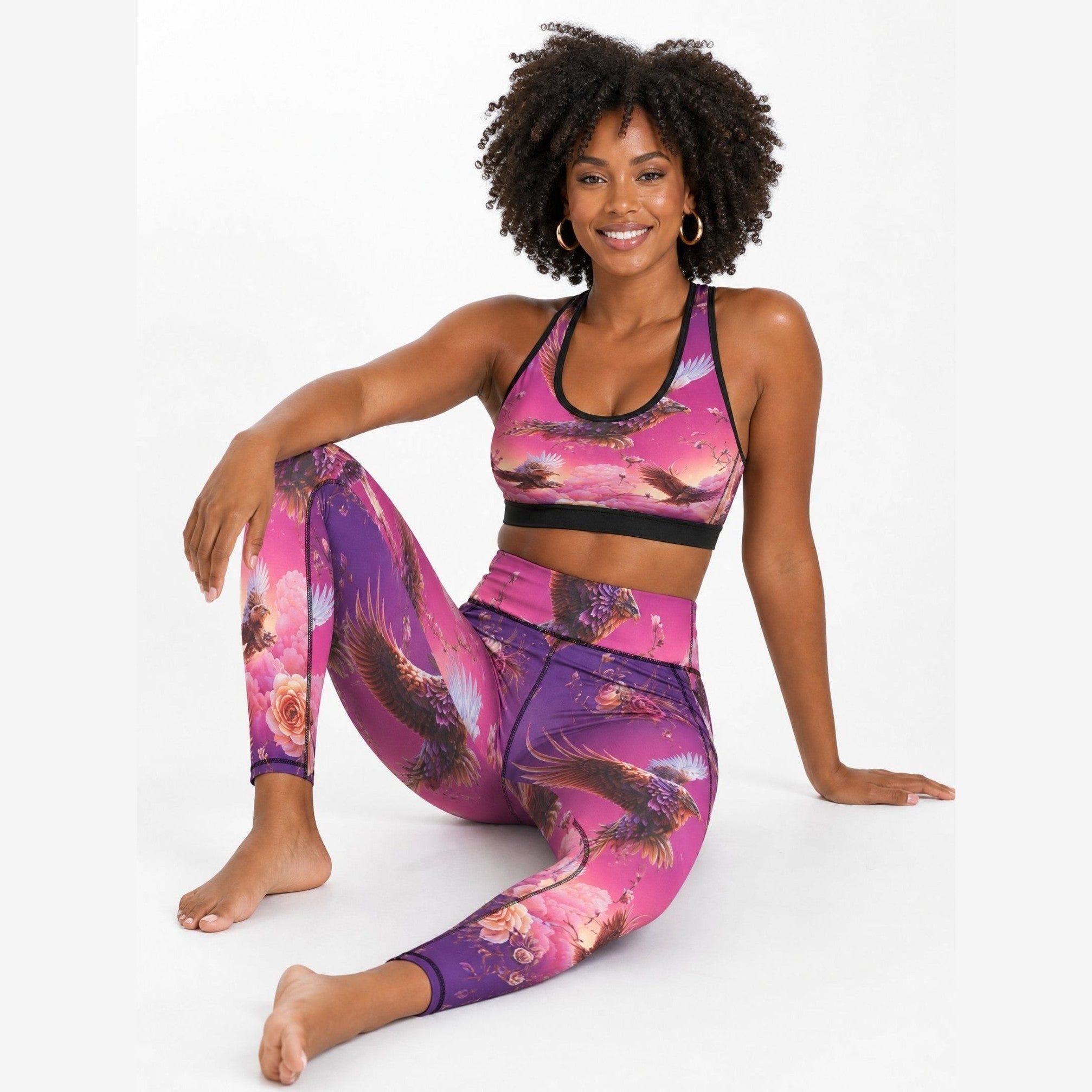 Pink nature-inspired women’s leggings with two side pockets and all-over botanical print — additional view 10