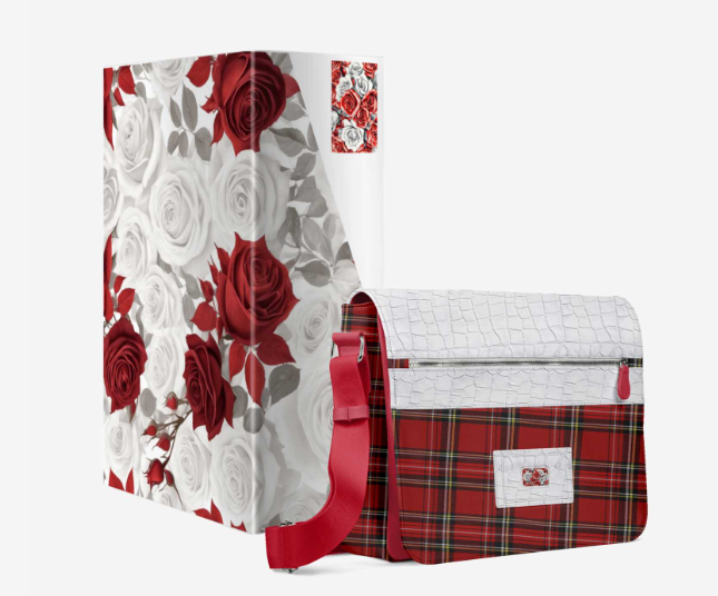 R&RH Red Rose Chic Designer Women's Messenger Bag in vibrant red with rose pattern