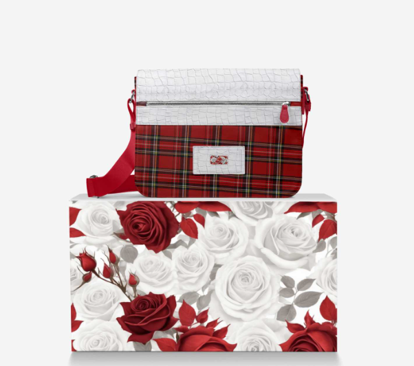R&RH Red Rose Chic Designer Women's Messenger Bag in vibrant red with rose pattern