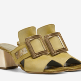 Women's yellow gold leather sandals with croc-print straps and oversized gold-tone buckle — side view