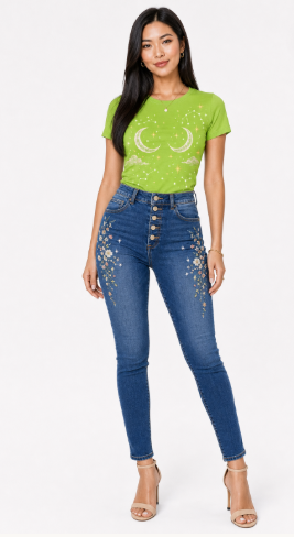 Celestial Moon & Stars Graphic Denim & Tee Set