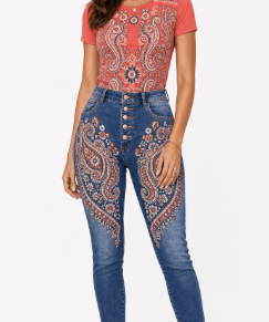 Coral tee with burgundy, gold and teal paisley print paired with high-waist denim embroidered on the legs