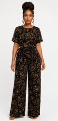 Rich & Rich Women's Black Rose Gold Side-Tie Top & Wide-Leg Pants Set